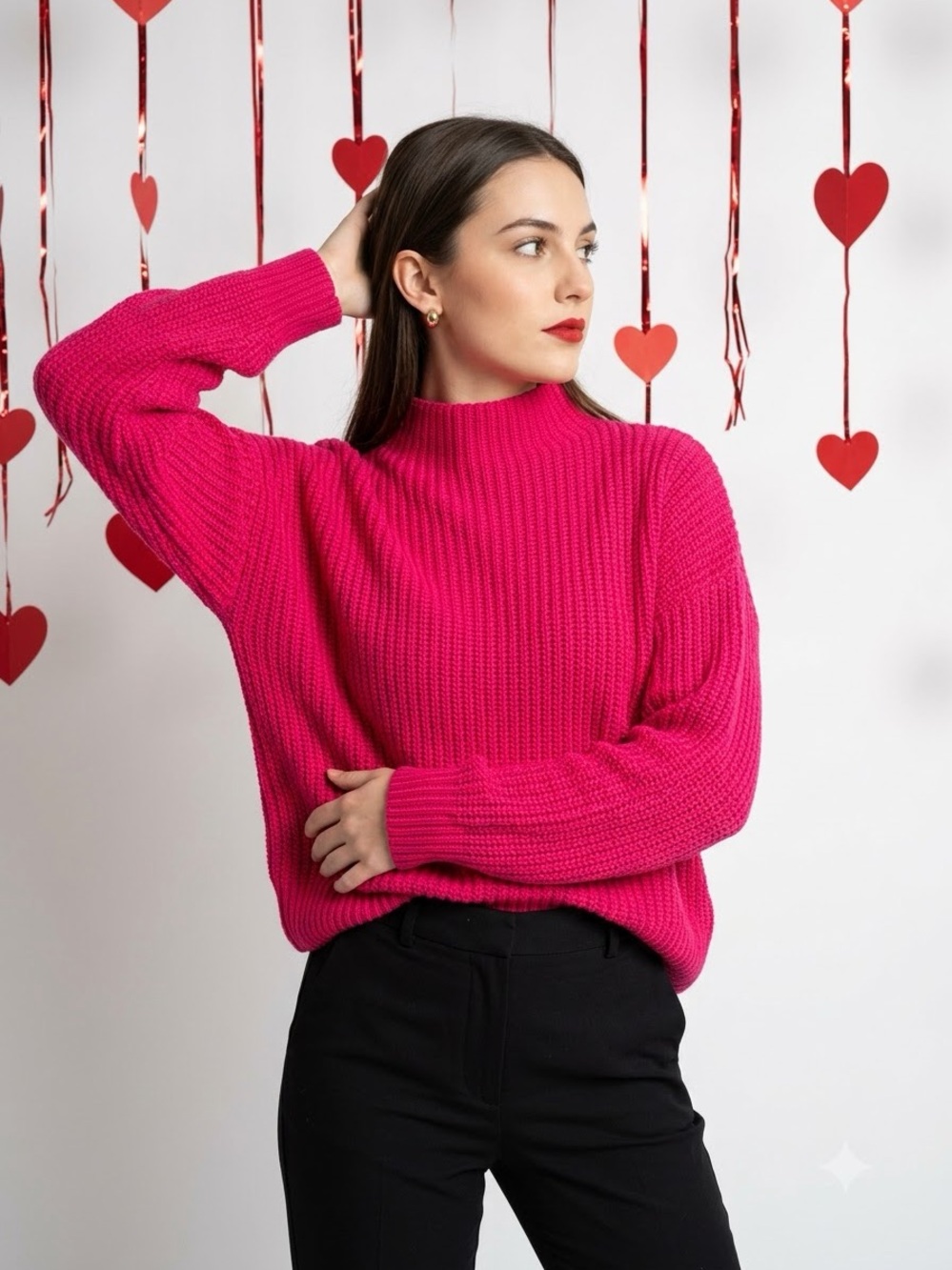 Cupcakes and Cashmere Women S Hot Pink Chunky Knit Mock Neck Cotton Sweater